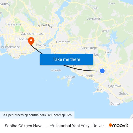 Sabiha Gökçen Havalimanı to İstanbul Yeni Yüzyıl Üniversitesi map