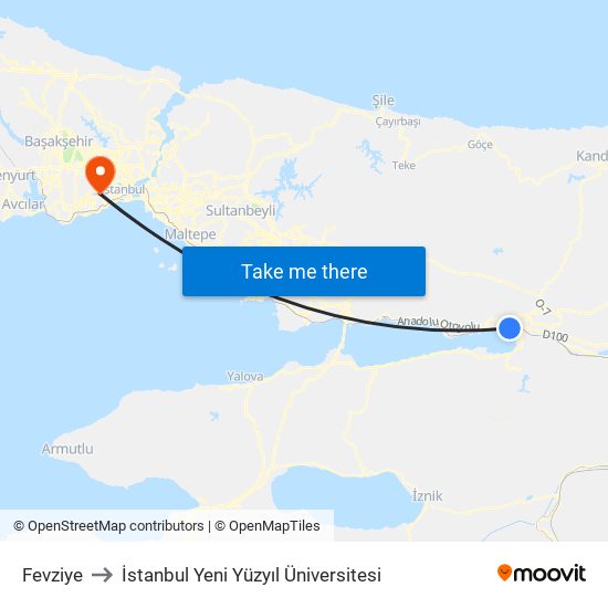Fevziye to İstanbul Yeni Yüzyıl Üniversitesi map