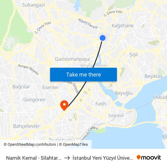 Namik Kemal - Silahtar Yönü to İstanbul Yeni Yüzyıl Üniversitesi map