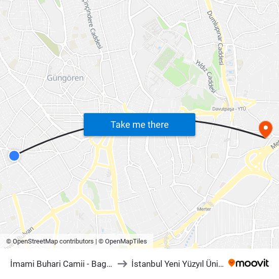 İmami Buhari Camii - Bagcilar Yönü to İstanbul Yeni Yüzyıl Üniversitesi map