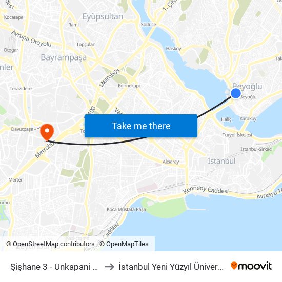 Şişhane 3 - Unkapani Yönü to İstanbul Yeni Yüzyıl Üniversitesi map