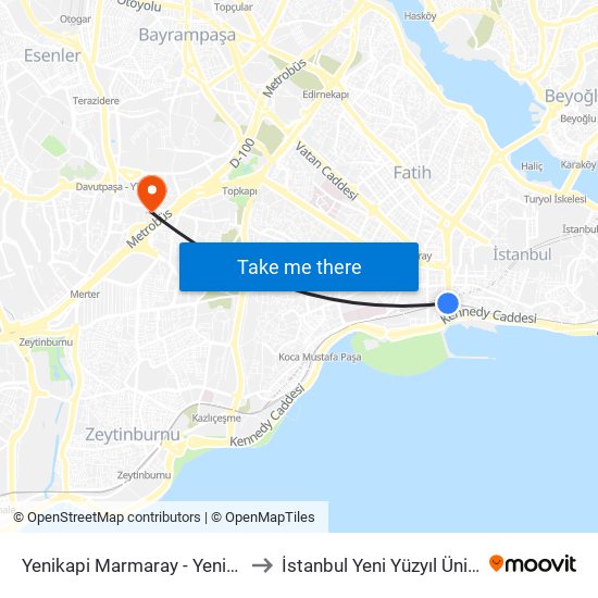 Yenikapi Marmaray - Yenikapi Yönü to İstanbul Yeni Yüzyıl Üniversitesi map