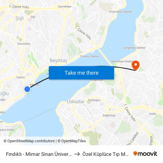 Fındıklı - Mimar Sinan Üniversitesi to Özel Küplüce Tıp Merkez map