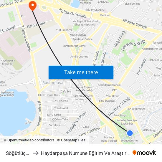 Söğütlüçeşme to Haydarpaşa Numune Eğitim Ve Araştırma Hastanesi map