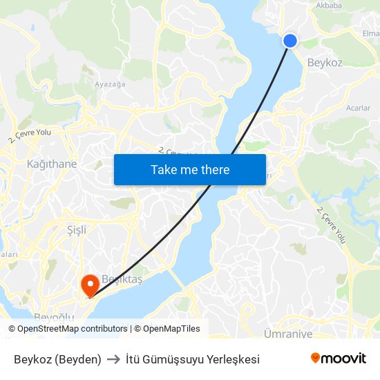 Beykoz (Beyden) to İtü Gümüşsuyu Yerleşkesi map