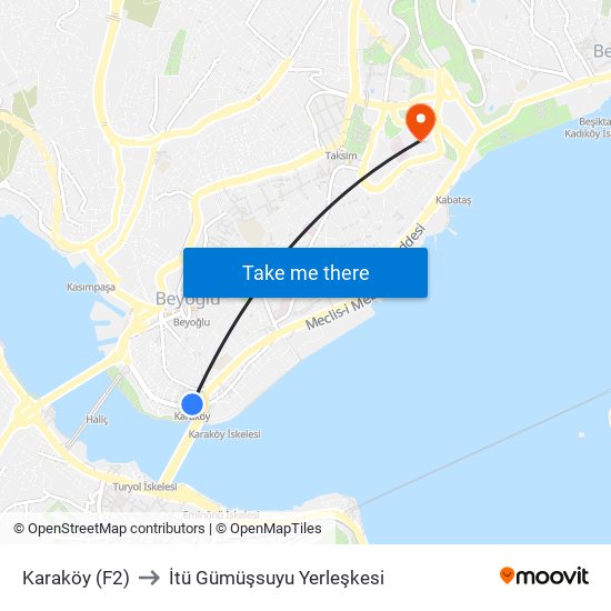 Karaköy (F2) to İtü Gümüşsuyu Yerleşkesi map