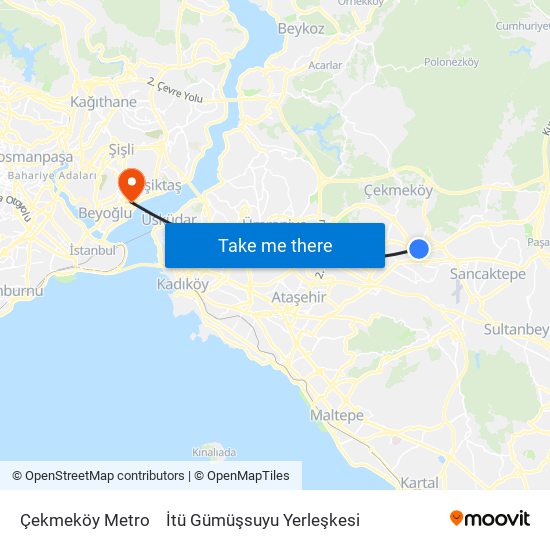 Çekmeköy Metro to İtü Gümüşsuyu Yerleşkesi map