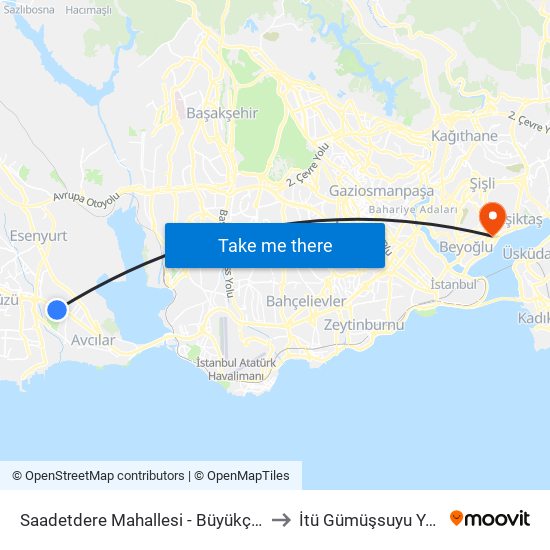 Saadetdere Mahallesi - Büyükçekmece Yönü to İtü Gümüşsuyu Yerleşkesi map