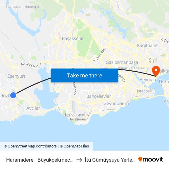 Haramidere - Büyükçekmece Yönü to İtü Gümüşsuyu Yerleşkesi map
