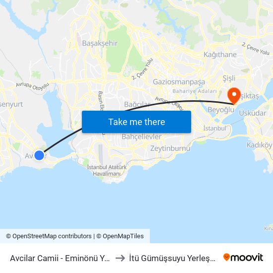 Avcilar Camii - Eminönü Yönü to İtü Gümüşsuyu Yerleşkesi map