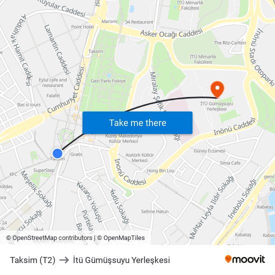 Taksim (T2) to İtü Gümüşsuyu Yerleşkesi map