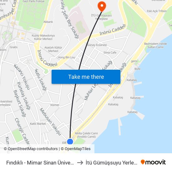 Fındıklı - Mimar Sinan Üniversitesi to İtü Gümüşsuyu Yerleşkesi map