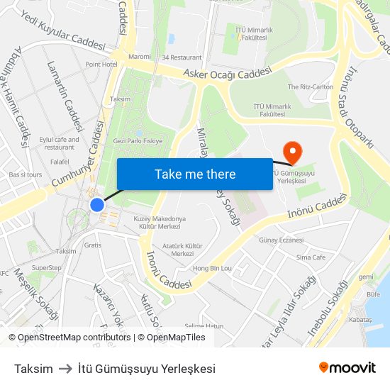 Taksim to İtü Gümüşsuyu Yerleşkesi map