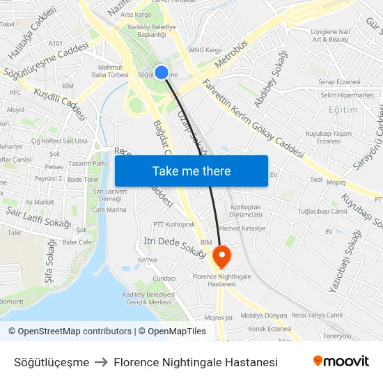 Söğütlüçeşme to Florence Nightingale Hastanesi map