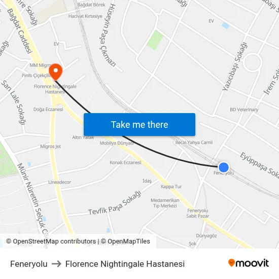 Feneryolu to Florence Nightingale Hastanesi map