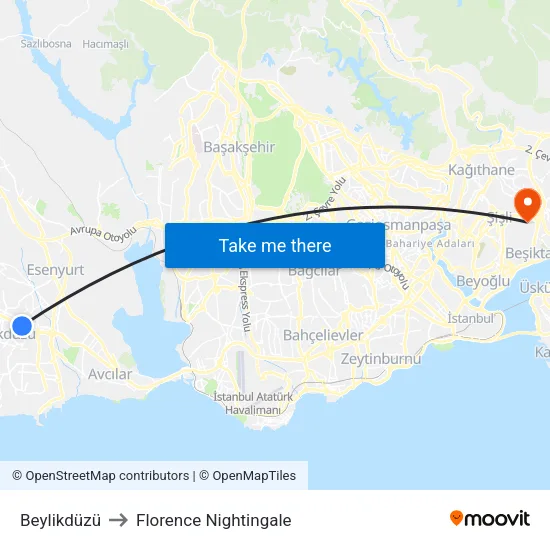 Beylikdüzü to Florence Nightingale map