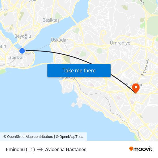 Eminönü (T1) to Avicenna Hastanesi map