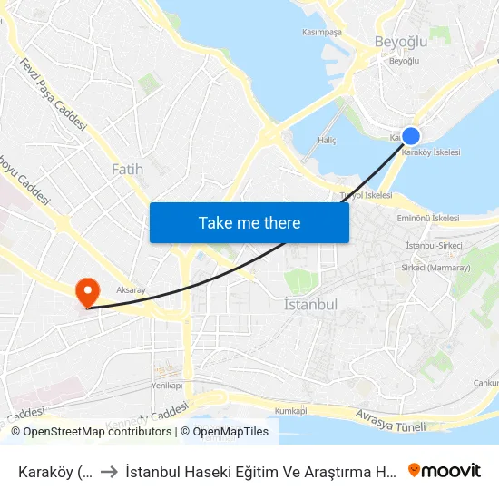 Karaköy (T1) to İstanbul Haseki Eğitim Ve Araştırma Hastanesi map