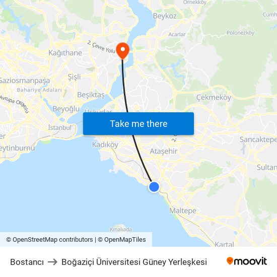 Bostancı to Boğaziçi Üniversitesi Güney Yerleşkesi map