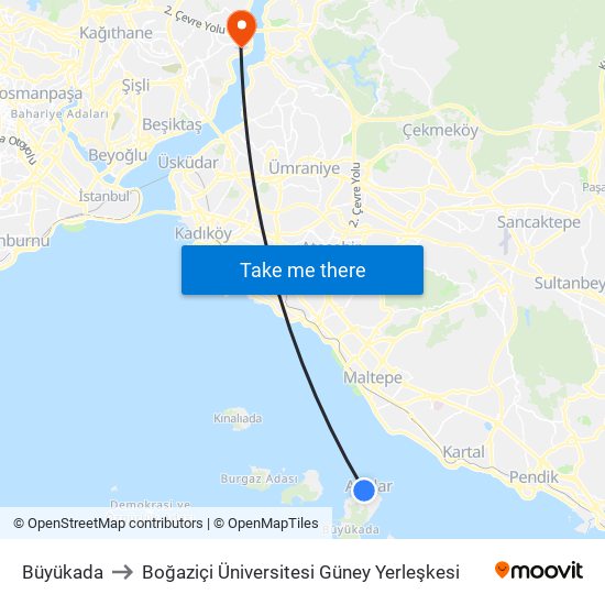 Büyükada to Boğaziçi Üniversitesi Güney Yerleşkesi map