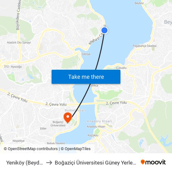 Yeniköy (Beyden) to Boğaziçi Üniversitesi Güney Yerleşkesi map