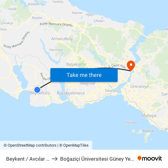 Beykent / Avcılar Yönü to Boğaziçi Üniversitesi Güney Yerleşkesi map