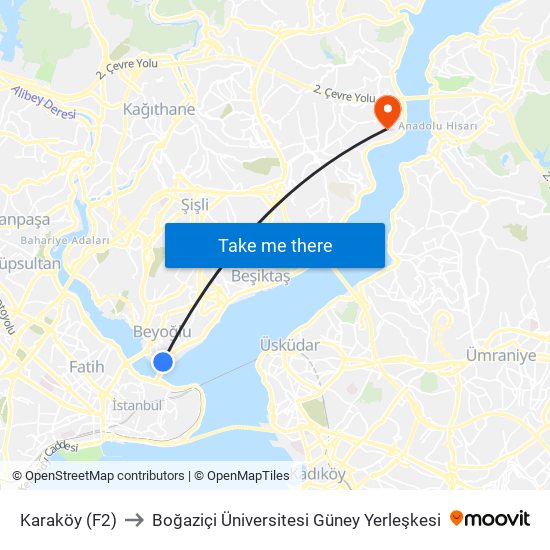 Karaköy (F2) to Boğaziçi Üniversitesi Güney Yerleşkesi map