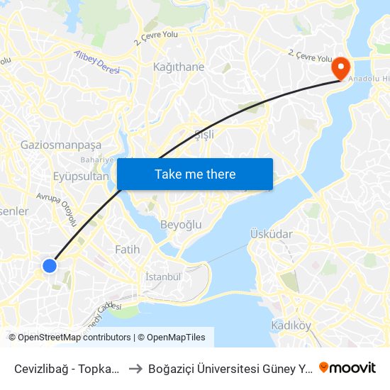 Cevizlibağ - Topkapi Yönü to Boğaziçi Üniversitesi Güney Yerleşkesi map