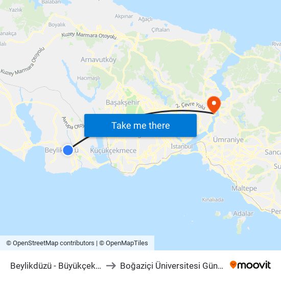 Beylikdüzü - Büyükçekmece Yönü to Boğaziçi Üniversitesi Güney Yerleşkesi map