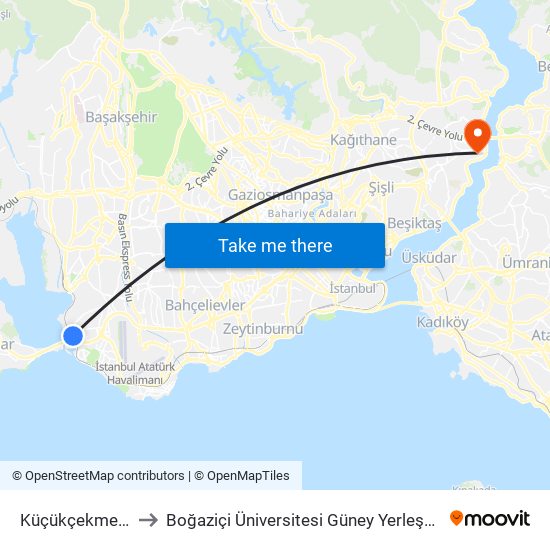 Küçükçekmece to Boğaziçi Üniversitesi Güney Yerleşkesi map
