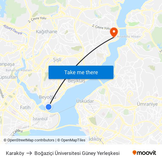 Karaköy to Boğaziçi Üniversitesi Güney Yerleşkesi map