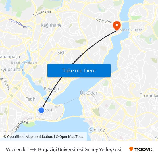 Vezneciler to Boğaziçi Üniversitesi Güney Yerleşkesi map