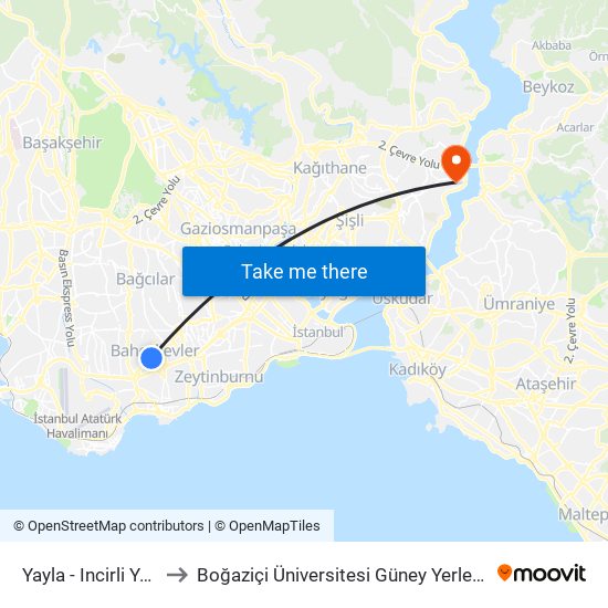 Yayla - Incirli Yönü to Boğaziçi Üniversitesi Güney Yerleşkesi map