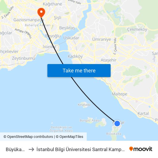 Büyükada to İstanbul Bilgi Üniversitesi Santral Kampüsü map