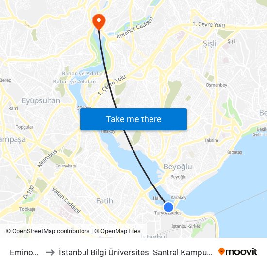 Eminönü to İstanbul Bilgi Üniversitesi Santral Kampüsü map