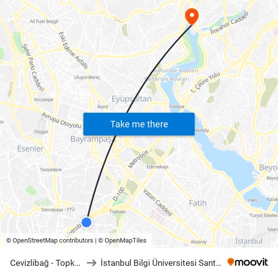 Cevizlibağ - Topkapi Yönü to İstanbul Bilgi Üniversitesi Santral Kampüsü map