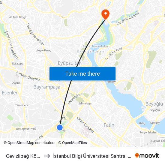 Cevizlibağ Köprüsü to İstanbul Bilgi Üniversitesi Santral Kampüsü map