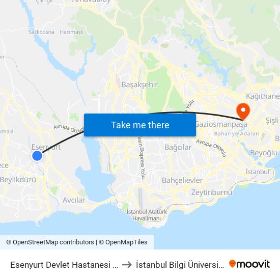 Esenyurt Devlet Hastanesi - Örnek Mah.-H.Dere Yönü to İstanbul Bilgi Üniversitesi Santral Kampüsü map
