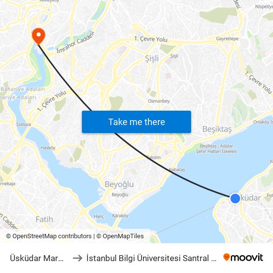 Üsküdar Marmaray to İstanbul Bilgi Üniversitesi Santral Kampüsü map