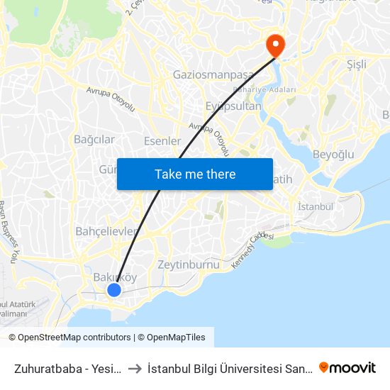 Zuhuratbaba - Yesilköy Yönü to İstanbul Bilgi Üniversitesi Santral Kampüsü map