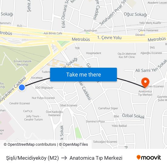 Şişli/Mecidiyeköy (M2) to Anatomica Tıp Merkezi map