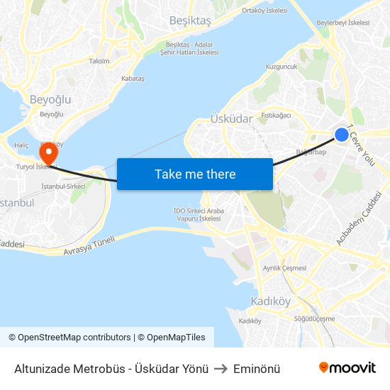 Altunizade Metrobüs - Üsküdar Yönü to Eminönü map