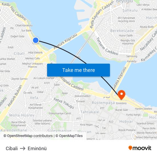 Cibali to Eminönü map