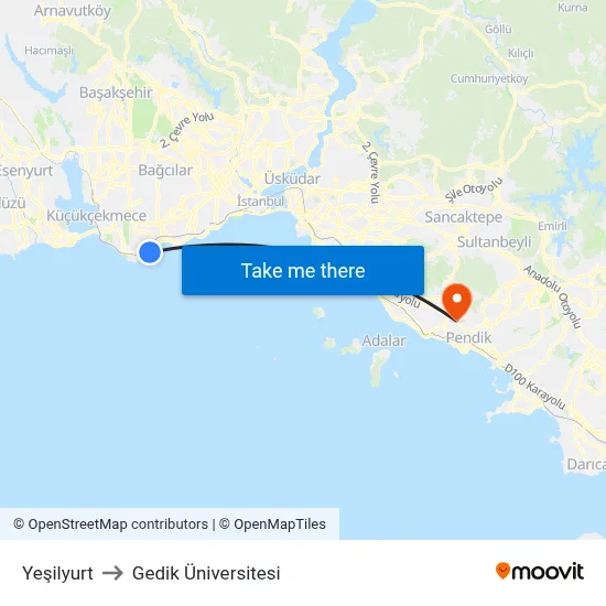 Yeşilyurt to Gedik Üniversitesi map