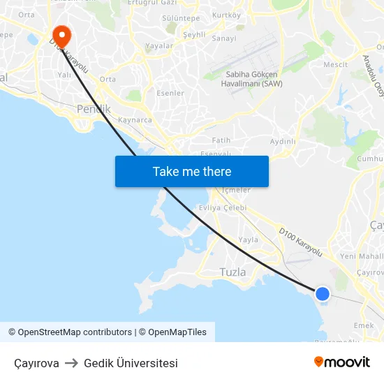 Çayırova to Gedik Üniversitesi map