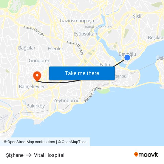 Şişhane to Vital Hospital map