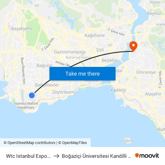 Wtc Istanbul Expo Center to Boğaziçi Üniversitesi Kandilli Yerleşkesi map