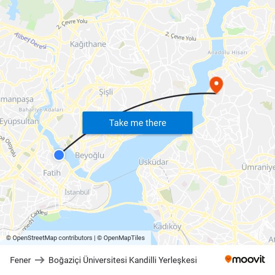 Fener to Boğaziçi Üniversitesi Kandilli Yerleşkesi map