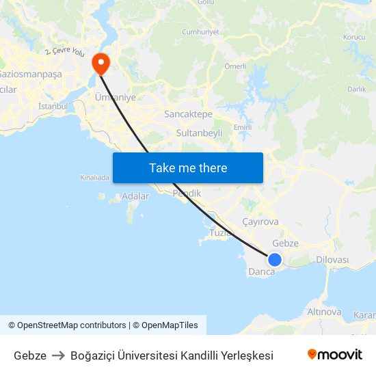 Gebze to Boğaziçi Üniversitesi Kandilli Yerleşkesi map