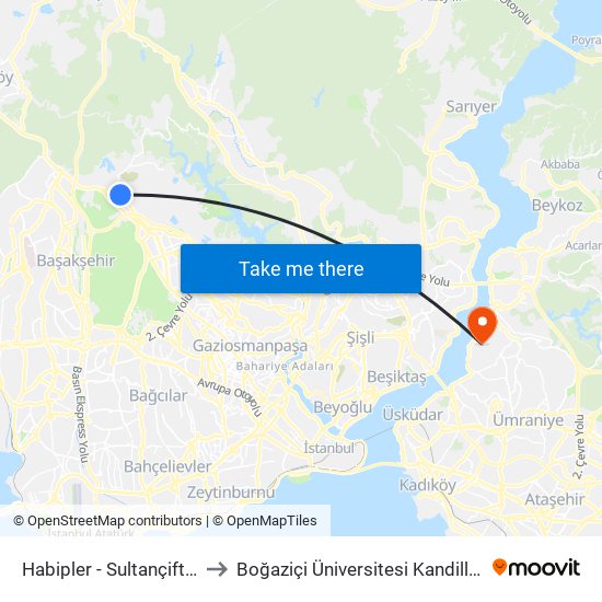 Habipler - Sultançiftliği Yönü to Boğaziçi Üniversitesi Kandilli Yerleşkesi map
